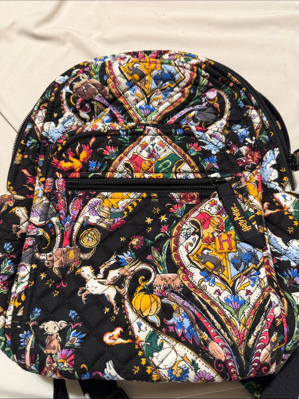 Vera Bradley Black Quilted Mini Backpack with Colorful Hogwarts-Inspired Print